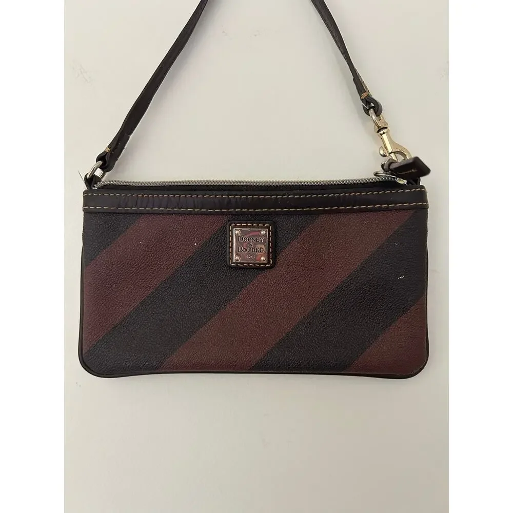Dooney and Bourke Brown Black Striped Leather Wristlet GUC Red Shoulder Strap